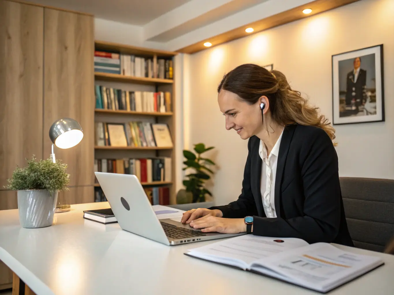 A focused professional attending a business training module, taking notes and actively participating in a group discussion, set in a modern training facility.