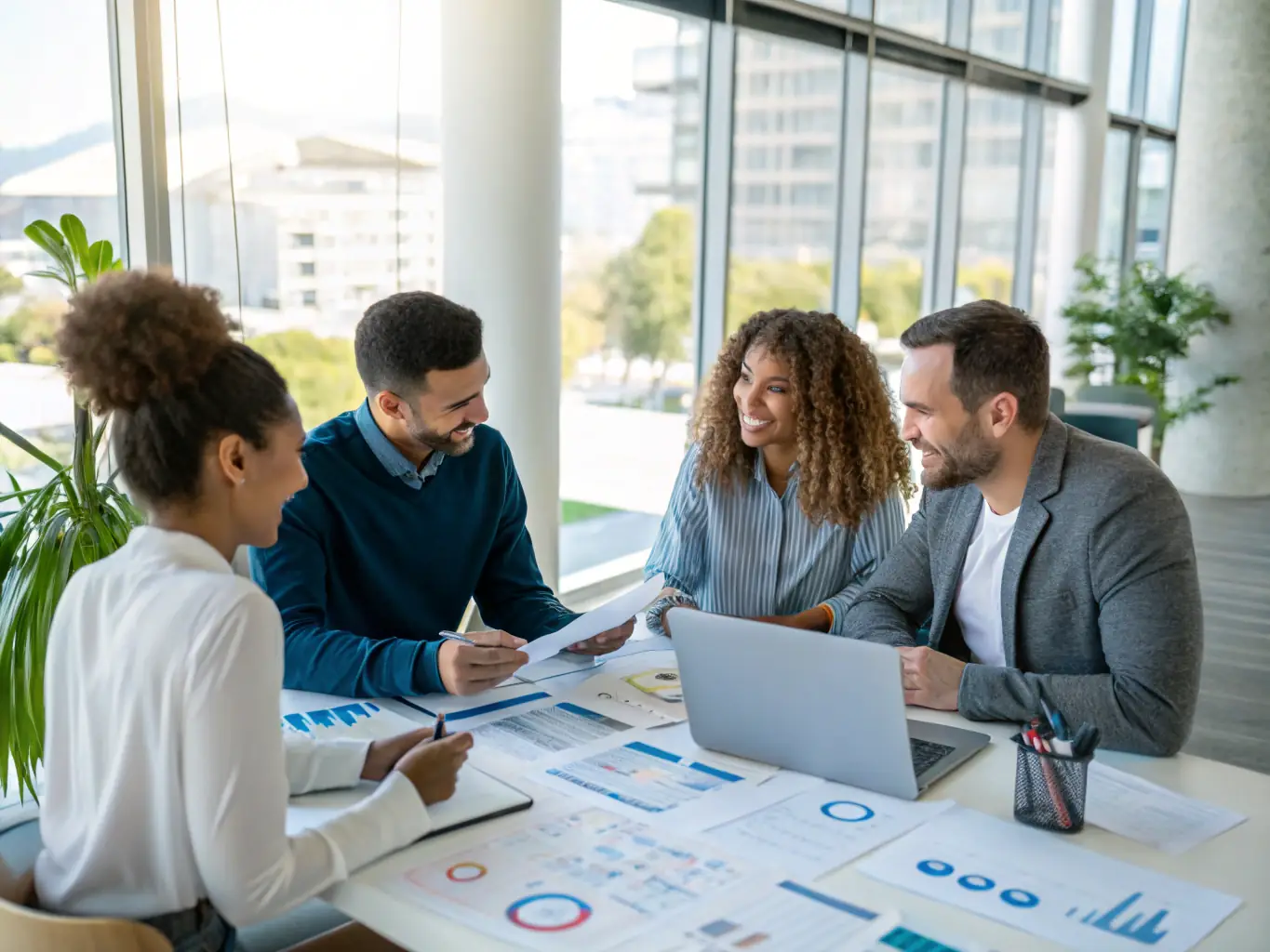 A diverse group of professionals participating in a performance improvement module, analyzing data and discussing strategies for enhancing business outcomes in a corporate setting.