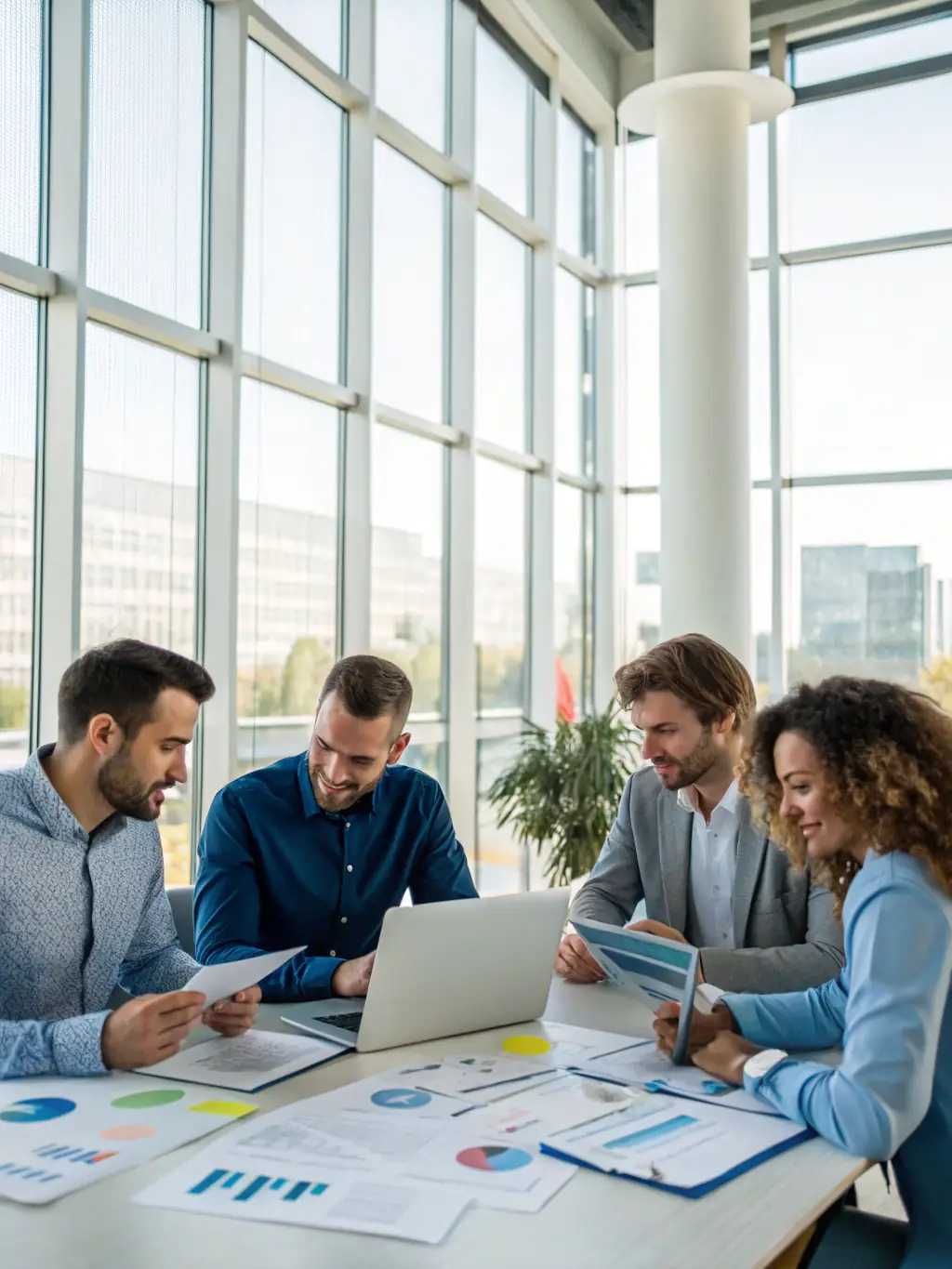 A diverse group of professionals actively participating in a business training workshop, focusing on team collaboration and problem-solving exercises.