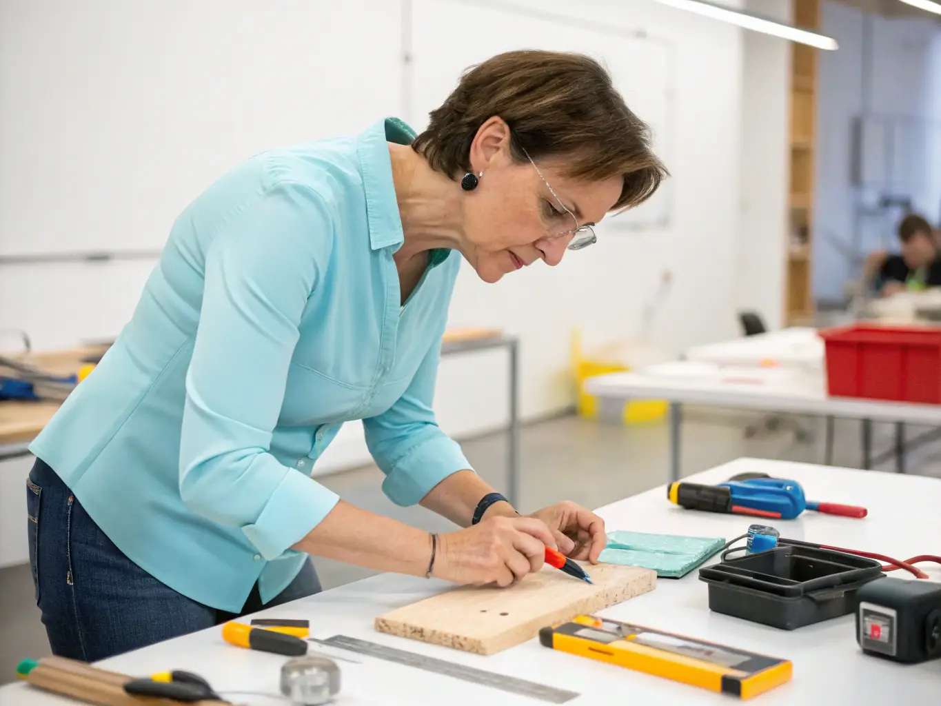 A focused professional participating in a Stocknest workshop, deeply engaged in a hands-on activity, surrounded by other motivated learners.