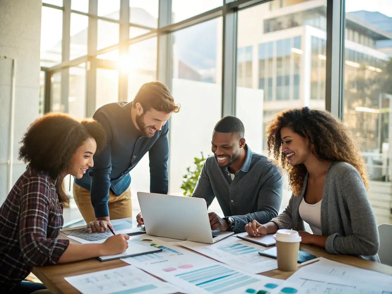 A collaborative team working on a project during a leadership training module, brainstorming ideas and developing strategic solutions in a bright, open office space.