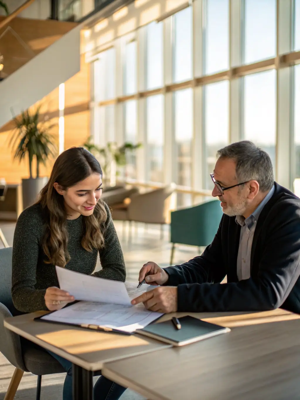 A business coach guiding a participant through a one-on-one coaching session, emphasizing goal setting and performance improvement strategies.