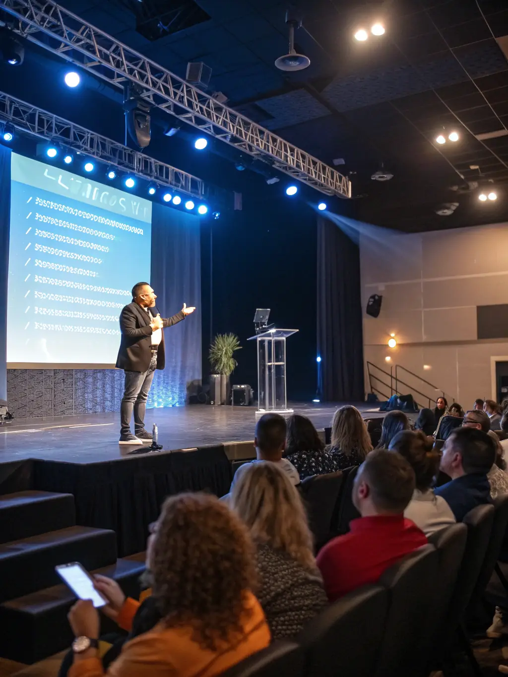 A dynamic speaker presenting to a large audience at a leadership development seminar, focusing on effective communication and strategic decision-making.