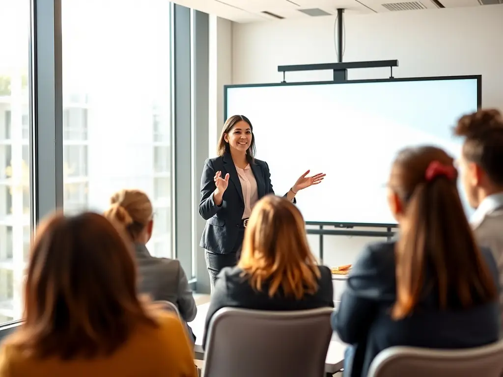 A business professional delivering a presentation on leadership skills, engaging the audience with insightful strategies and practical tips.