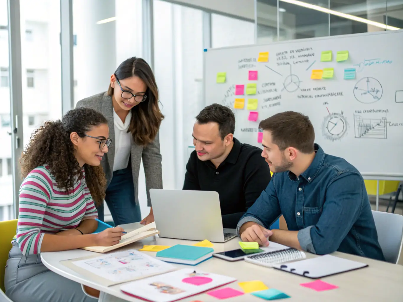 A team of professionals collaborating in a modern office setting, brainstorming ideas and developing innovative solutions for business challenges.
