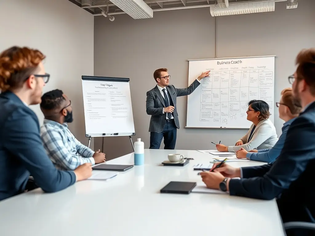 A professional business coach leading a workshop session, guiding participants through a strategic planning exercise with visual aids and interactive discussions.